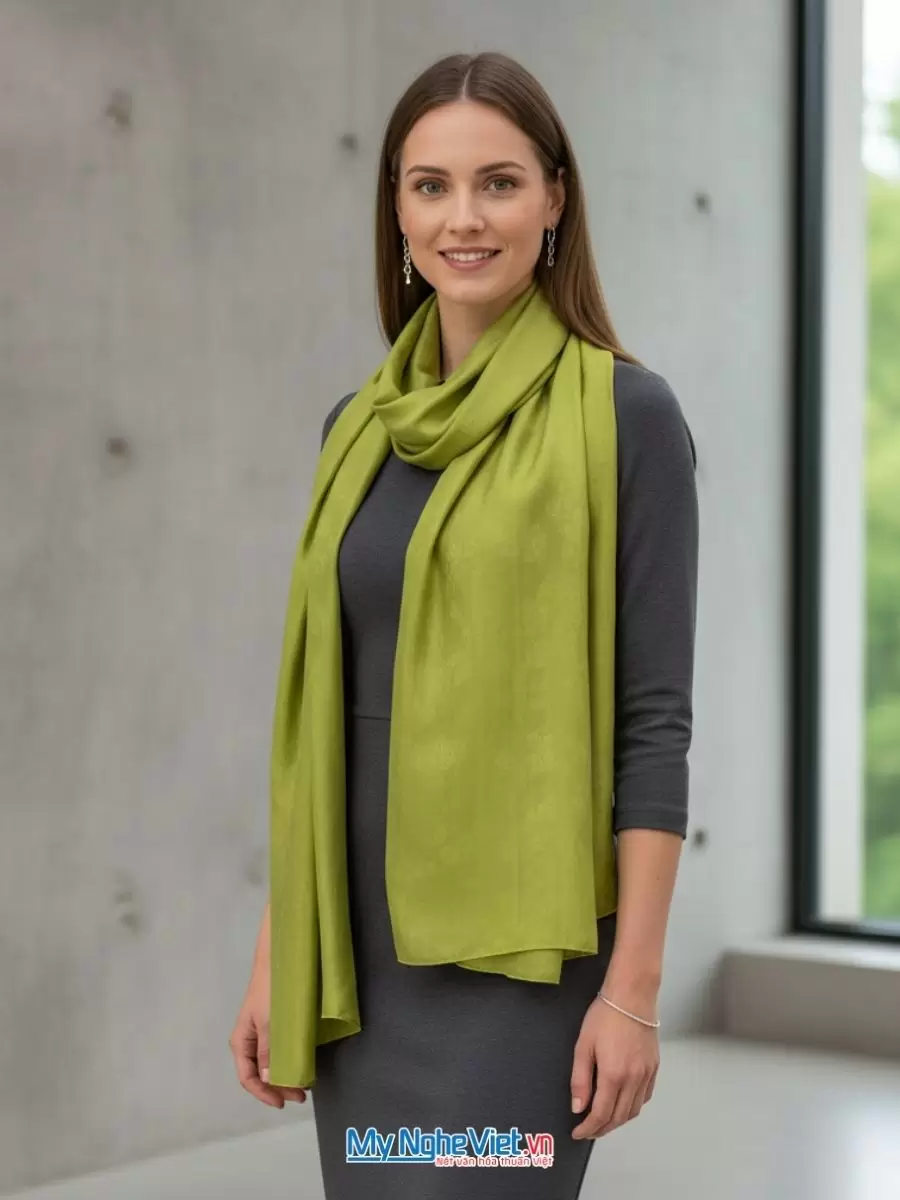 Khăn lụa tơ tằm trơn 100% silk màu xanh rêu