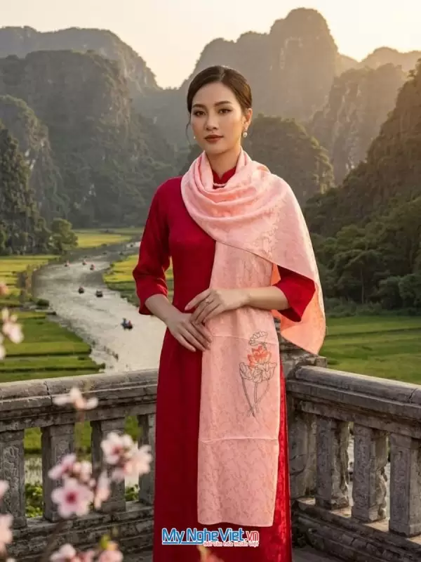 Khăn lụa thêu tay đuôi công hồng cam thêu sen 45x180 MNV-LNL45180.8
