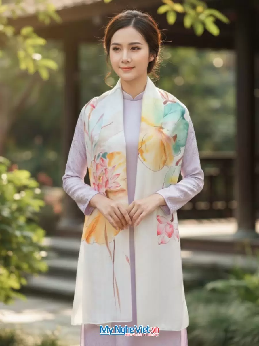 Khăn lụa tơ tằm màu trắng hoa sen 100% silk 70x180 MNV-PT70180/19