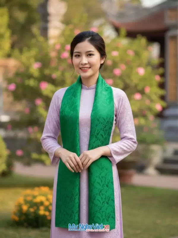 Khăn lụa dài họa tiết đuôi công xanh lá 40x180 MNV-LNL40180/13