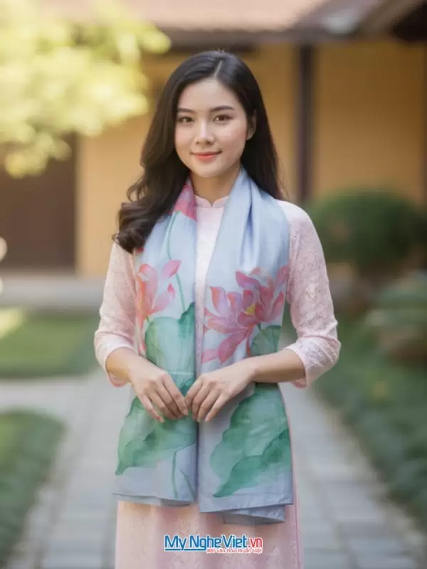 Khăn lụa tơ tằm vẽ tay sen xanh 75x180 LNL75180/6
