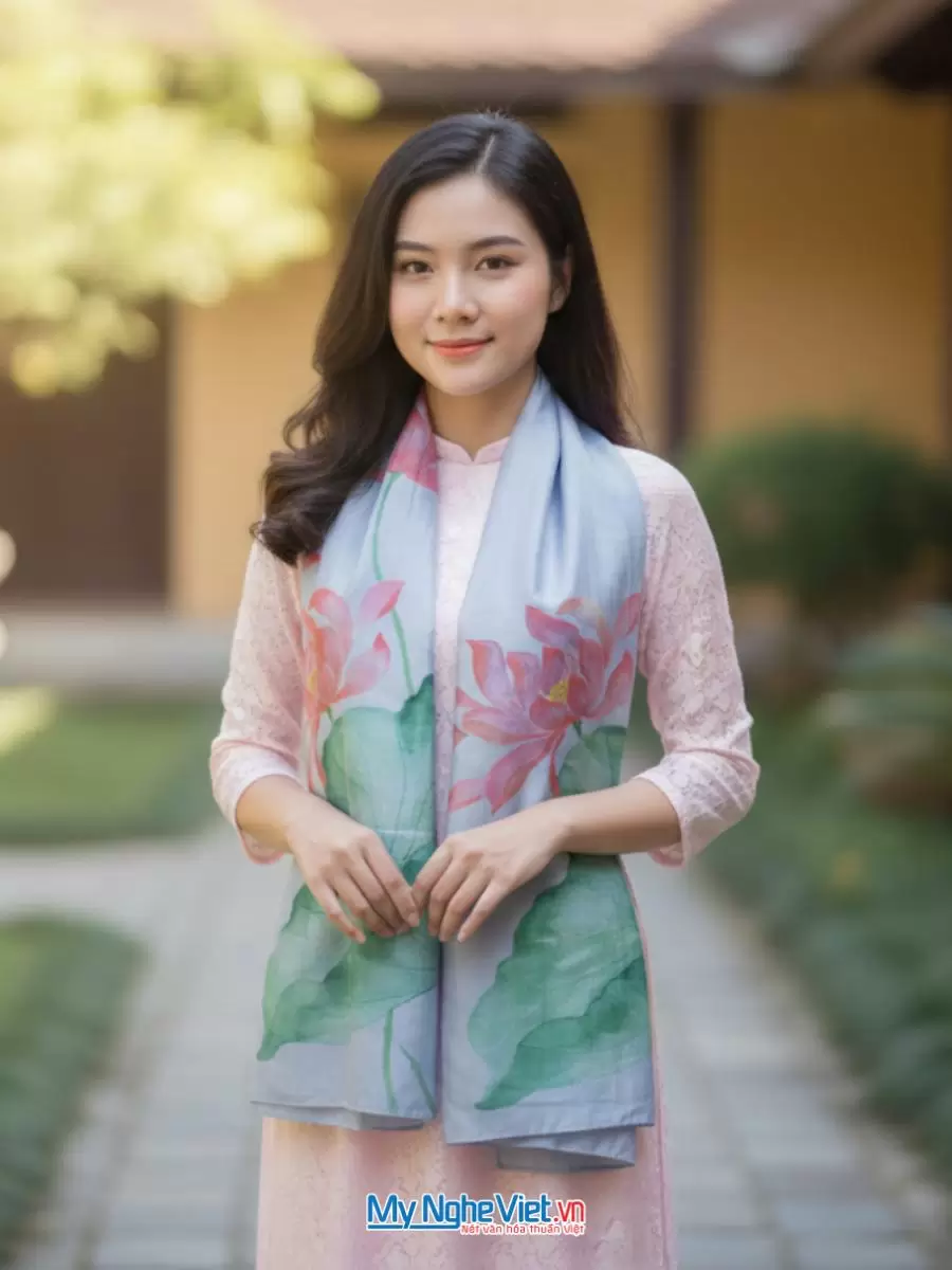 Khăn lụa tơ tằm vẽ tay sen xanh 75x180 LNL75180/6