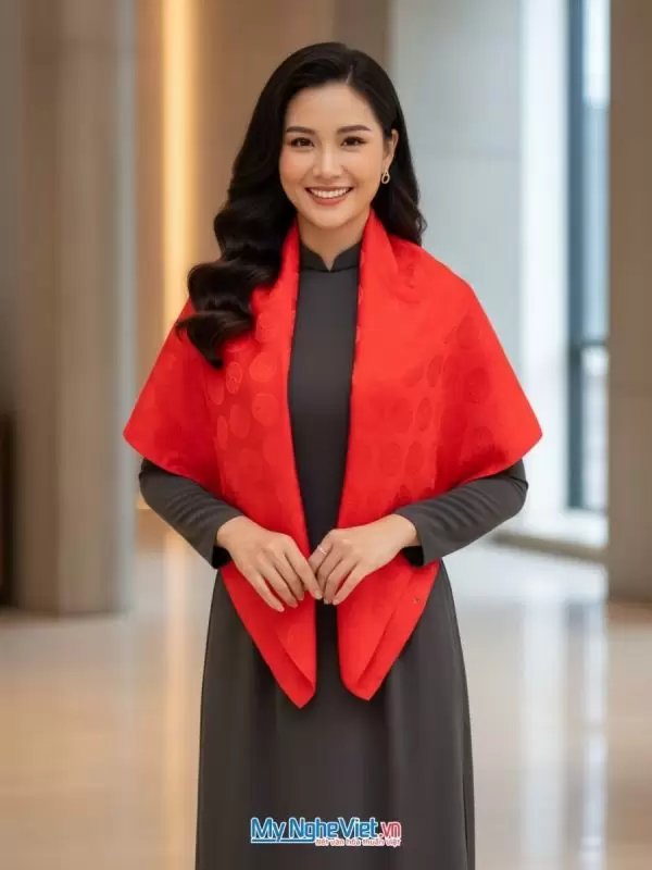 Khăn lụa tơ tằm họa tiết trống đồng màu đỏ