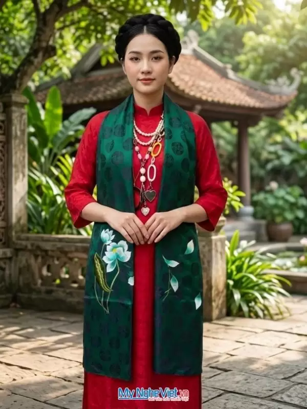 Khăn lụa tơ tằm thêu hoa màu xanh đậm