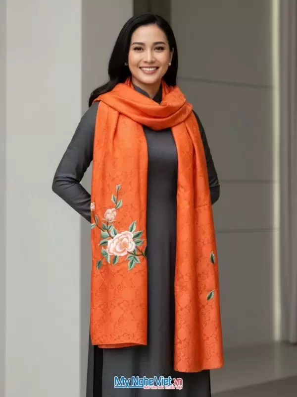 Khăn lụa tơ tằm thêu hoa màu cam