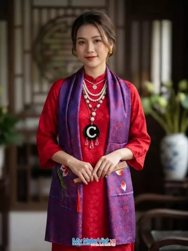 Khăn lụa tơ tằm thêu hoa màu xanh tím