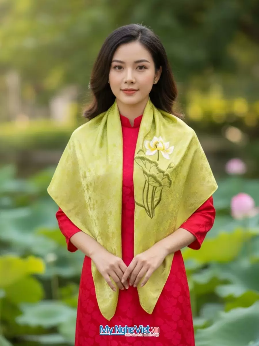Khăn lụa tơ tằm vuông thêu họa tiết hoa sen