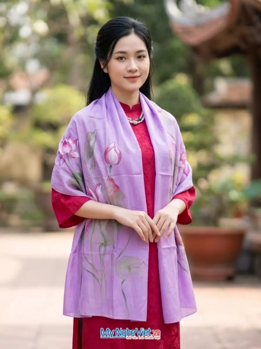 Khăn lụa tơ tằm vẽ sen cao cấp 100% silk