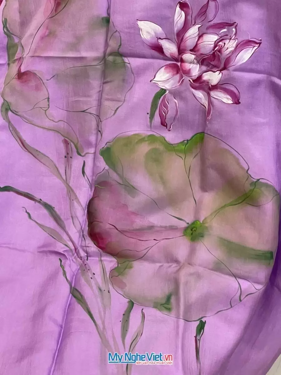 Khăn lụa tơ tằm vẽ sen cao cấp 100% silk