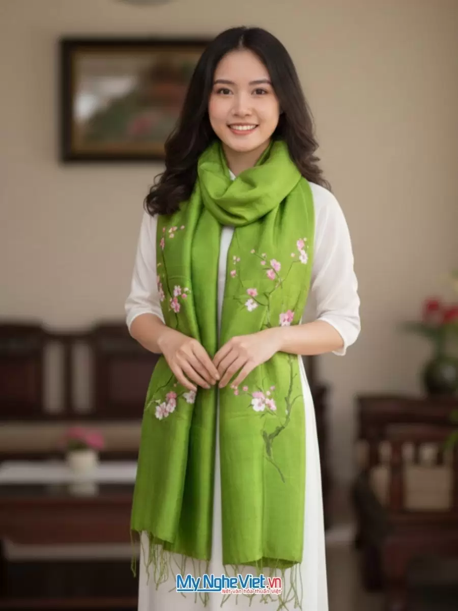 Khăn lụa tơ tằm vẽ tay hoa đào tua rua