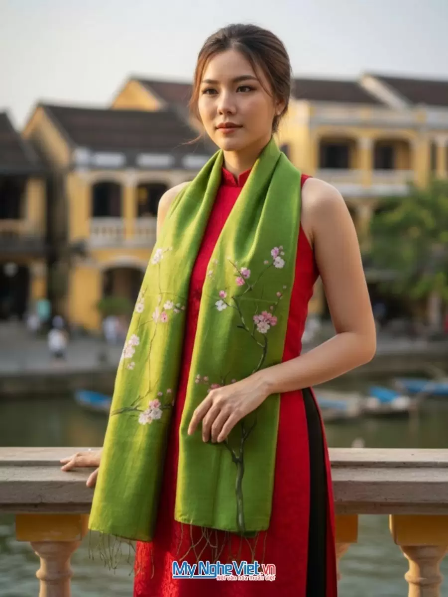 Khăn lụa tơ tằm vẽ tay hoa đào tua rua