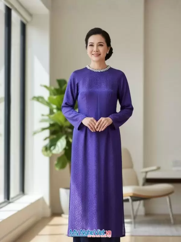 Áo dài lụa tơ tằm hoa thị tím