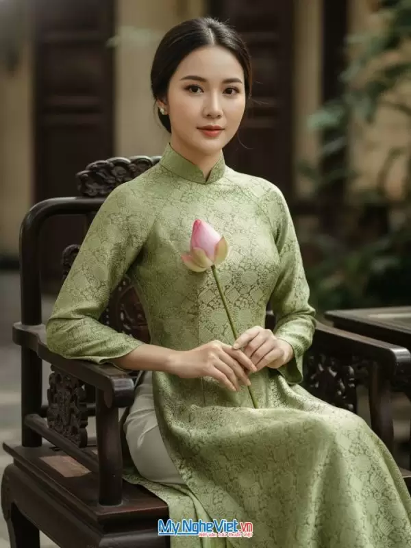 Bộ áo dài lụa tơ tằm song hỷ xanh có quần
