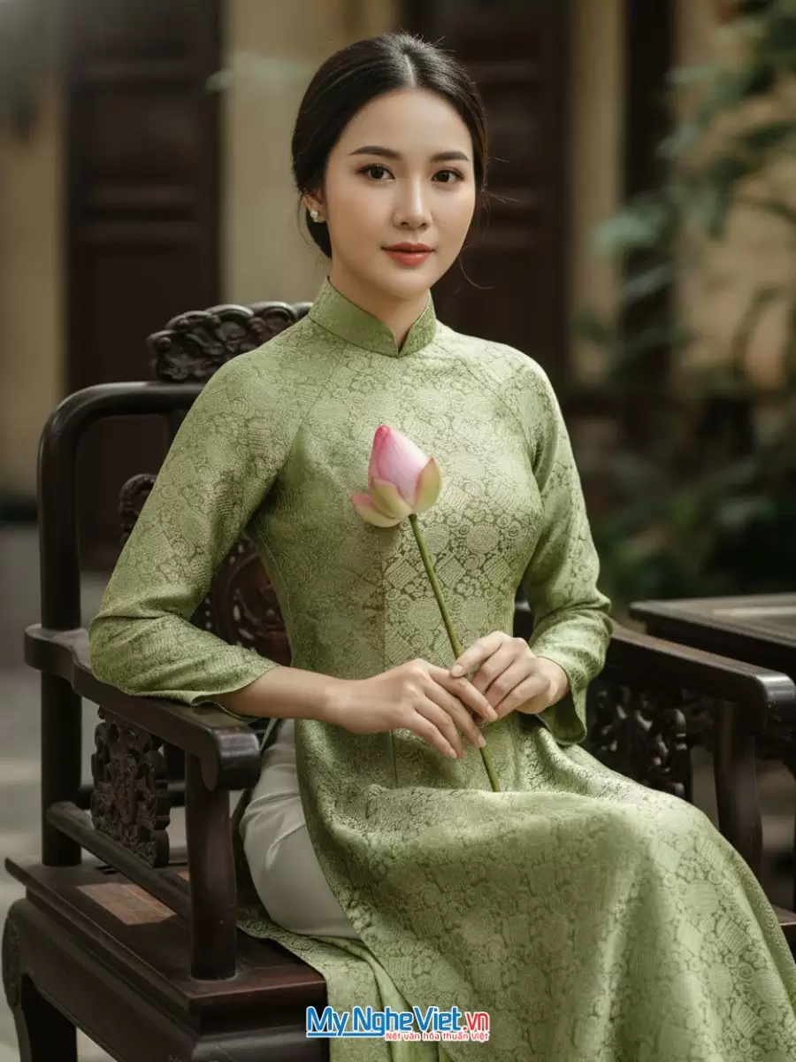 Bộ áo dài lụa tơ tằm song hỷ xanh có quần