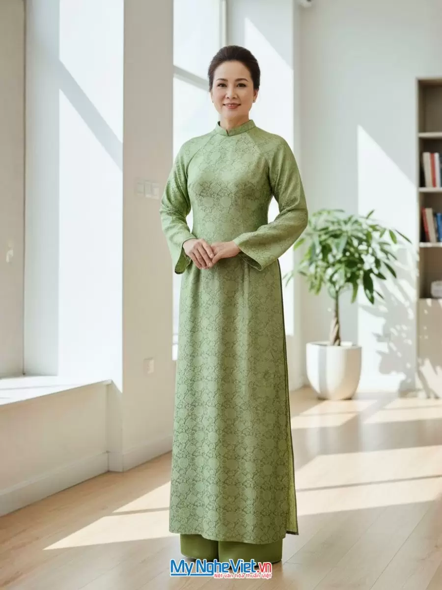Bộ áo dài lụa tơ tằm song hỷ xanh có quần