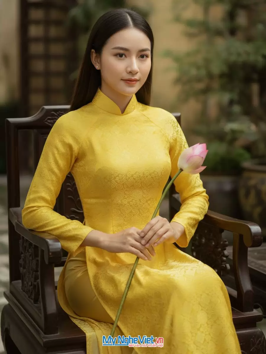 Áo dài lụa tơ tằm song hỷ vàng hoàng yến