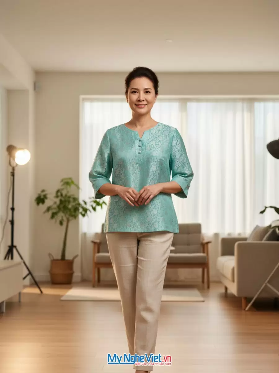 Áo lụa tơ tằm may sẵn họa tiết cúc xanh