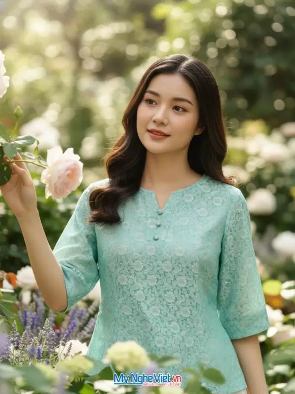 Áo lụa tơ tằm may sẵn họa tiết cúc xanh