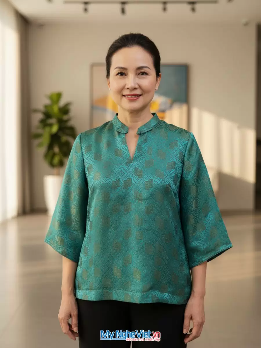 Áo lụa tơ tằm may sẵn họa tiết song thọ xanh