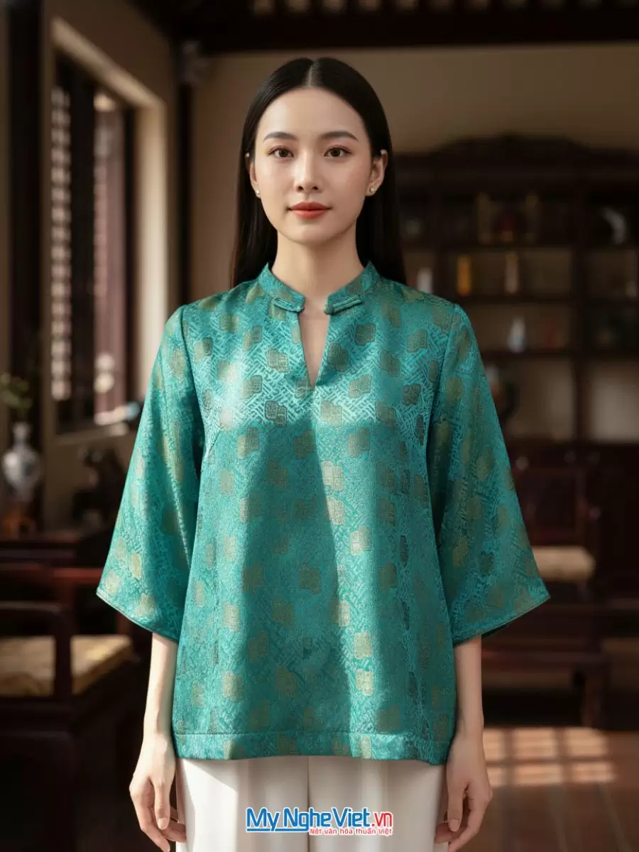 Áo lụa tơ tằm may sẵn họa tiết song thọ xanh
