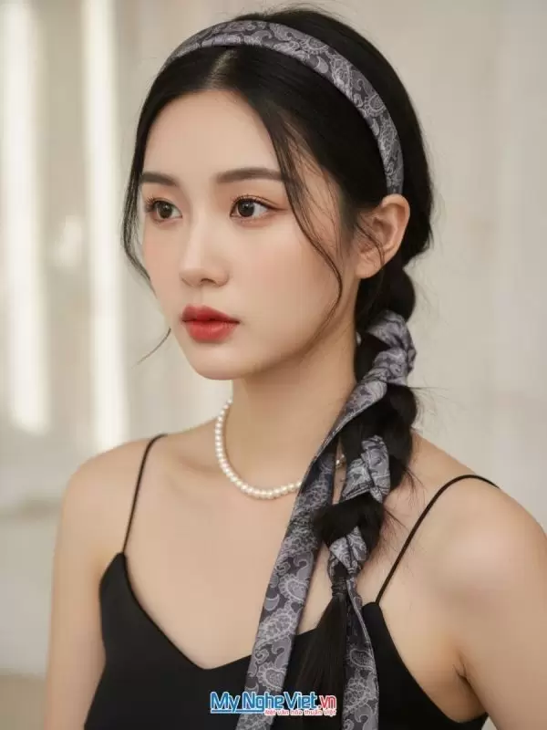 Băng đô cài tóc lụa họa tiết đuôi công