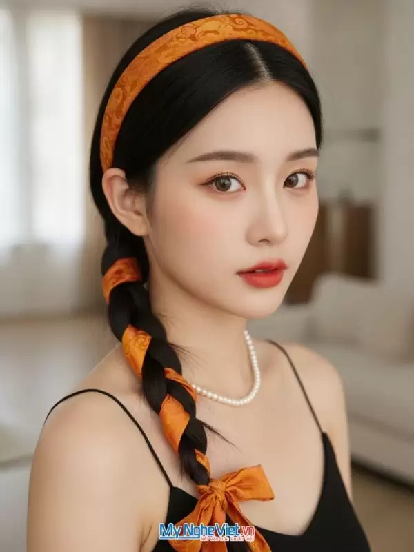 Băng đô cài tóc lụa họa tiết đuôi công