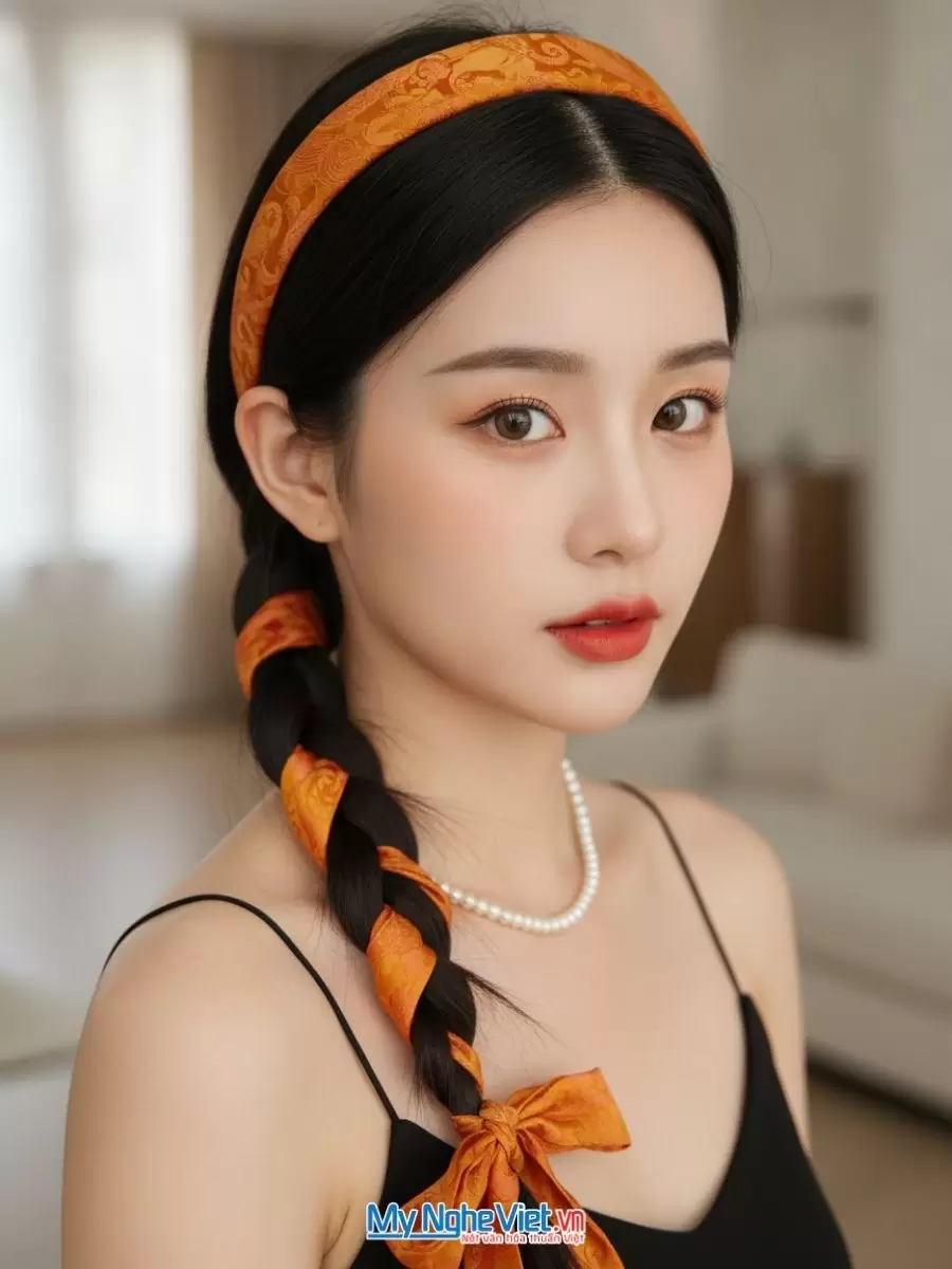 Băng đô cài tóc lụa họa tiết đuôi công
