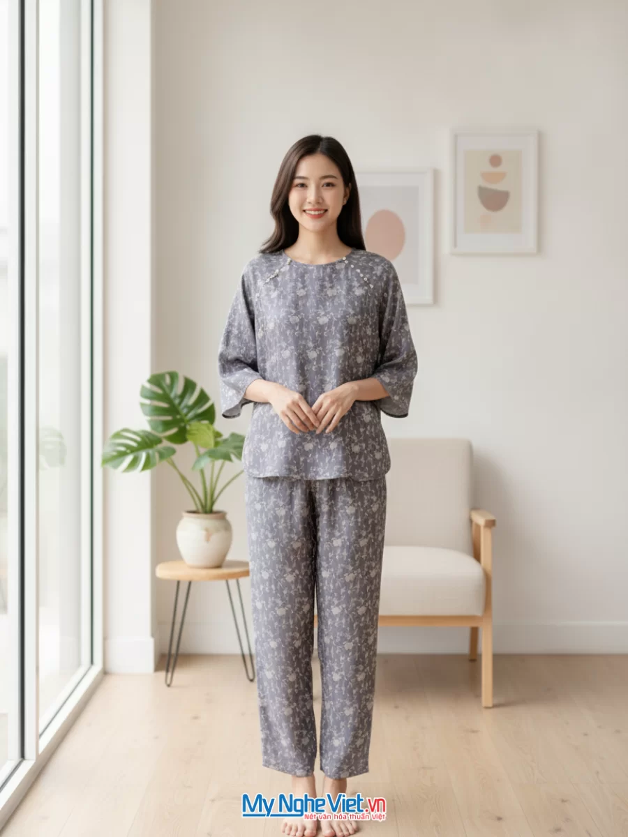 Đồ bộ lụa tơ tằm họa tiết lựu trúc tơ tằm