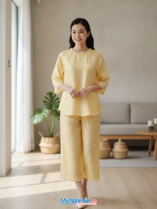 Đồ bộ lụa tơ tằm họa tiết hồng nhí