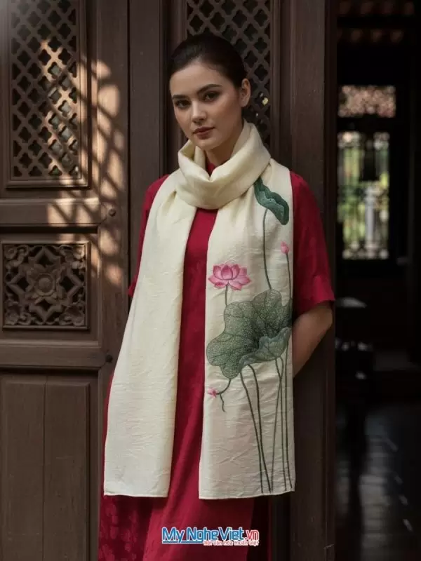 Khăn lụa đũi tơ tằm thêu tay hoa sen 100% silk cao cấp