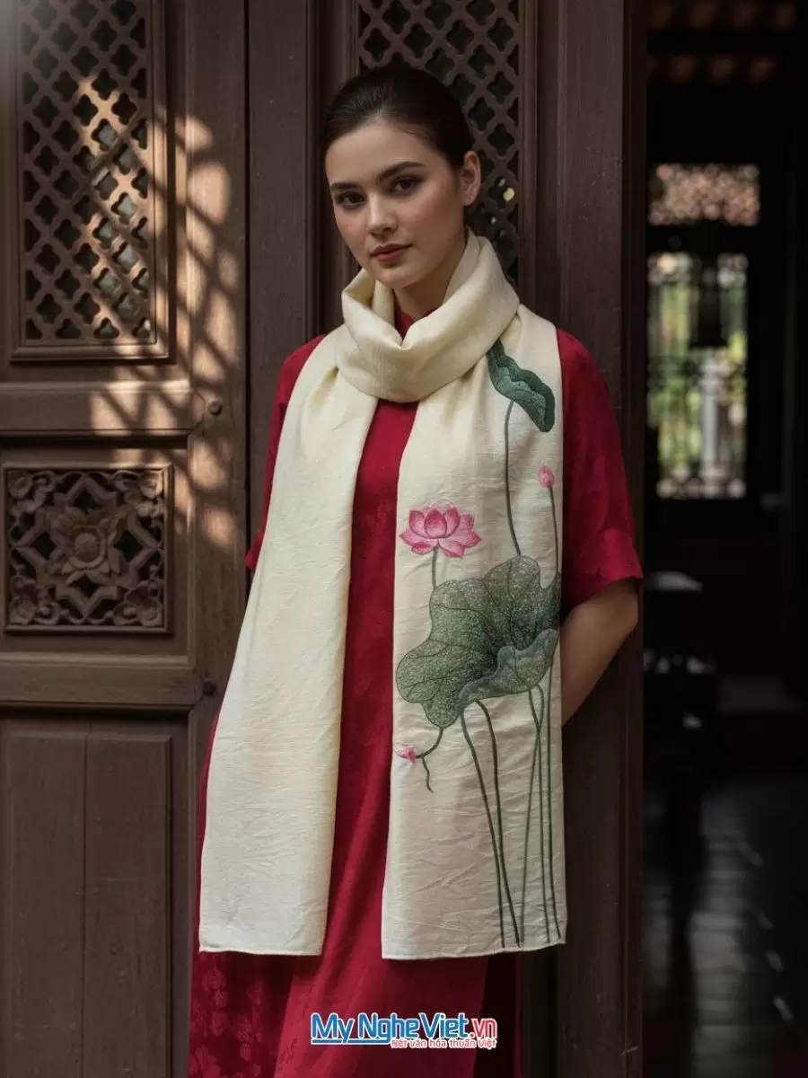 Khăn lụa đũi tơ tằm thêu tay hoa sen 100% silk cao cấp