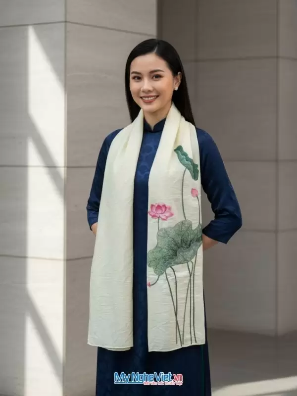 Khăn lụa đũi tơ tằm thêu tay hoa sen 100% silk cao cấp