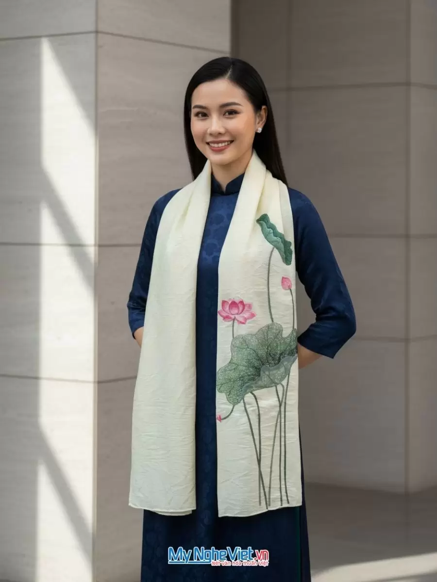 Khăn lụa đũi tơ tằm thêu tay hoa sen 100% silk cao cấp