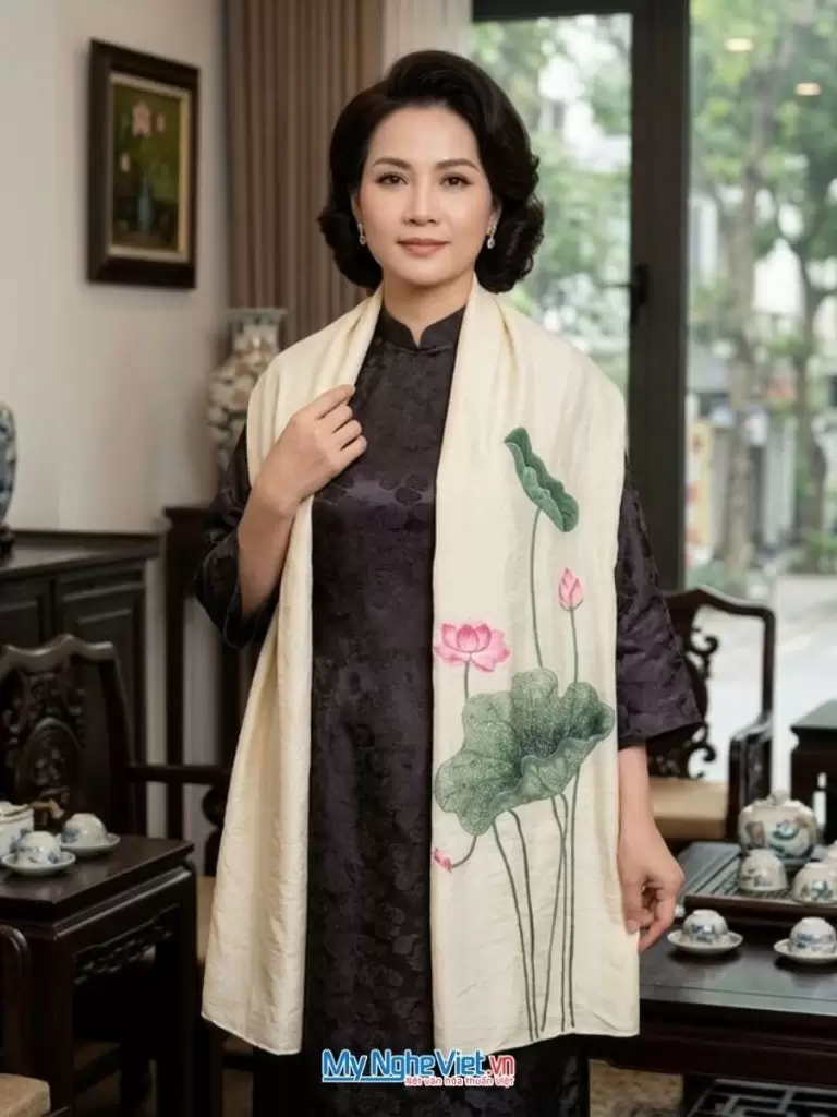 Khăn lụa đũi tơ tằm thêu tay hoa sen 100% silk cao cấp