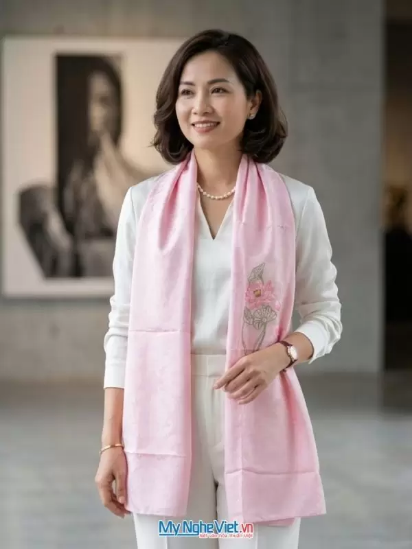 Khăn lụa tơ tằm thêu tay màu hồng phấn cao cấp