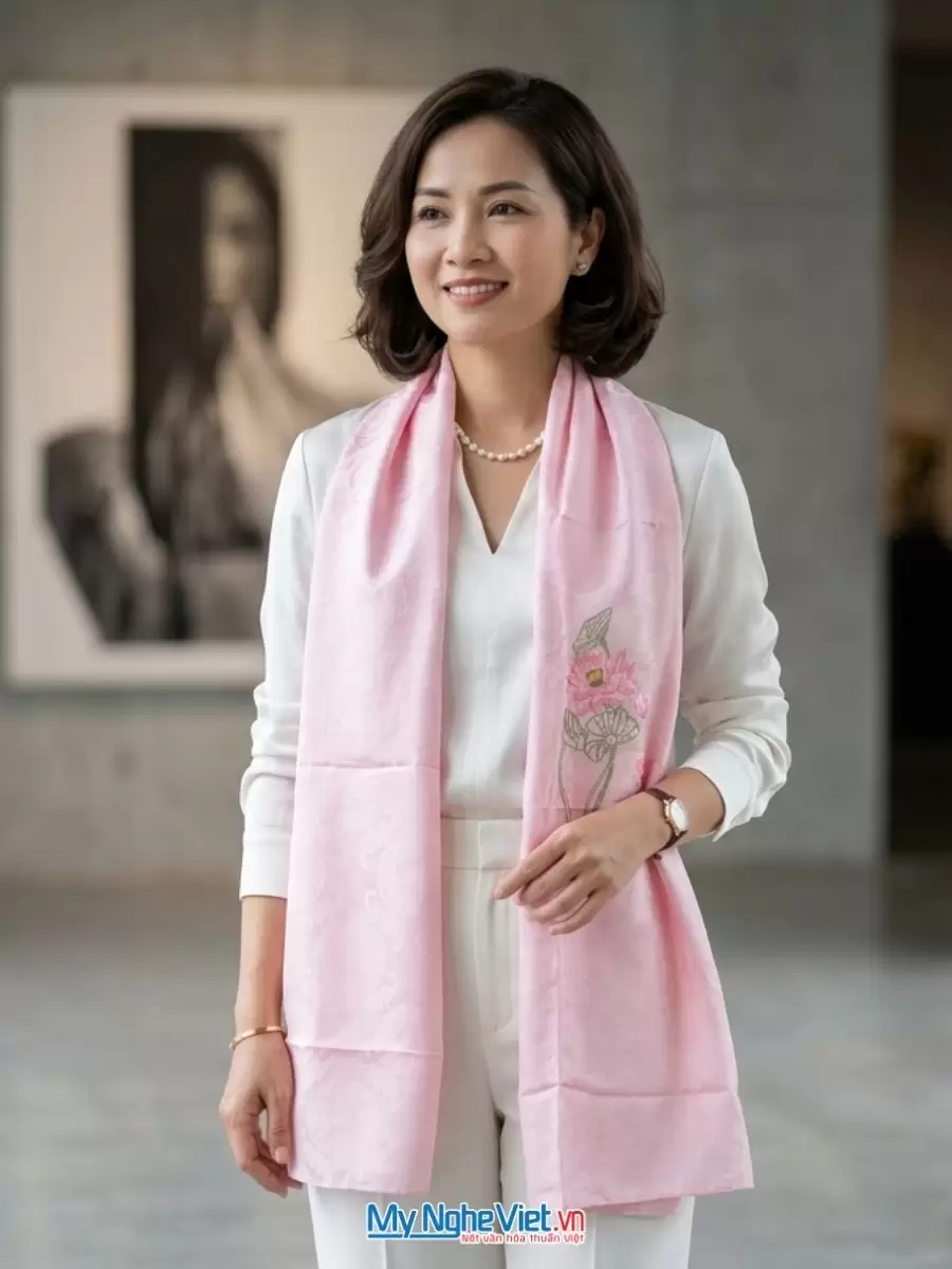 Khăn lụa tơ tằm thêu tay màu hồng phấn cao cấp