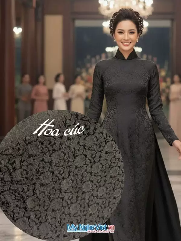 Vải Lụa Hà Đông Hoa Cúc Đen khổ 90cm (3.7m)