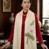 Khăn lụa đũi tơ tằm thêu tay hoa sen 100% silk cao cấp