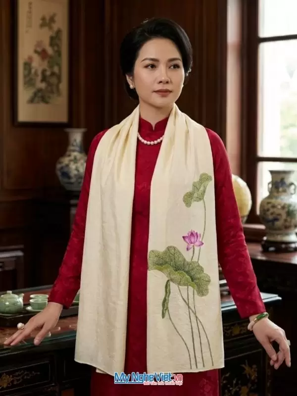 Khăn lụa đũi tơ tằm thêu tay hoa sen 100% silk cao cấp