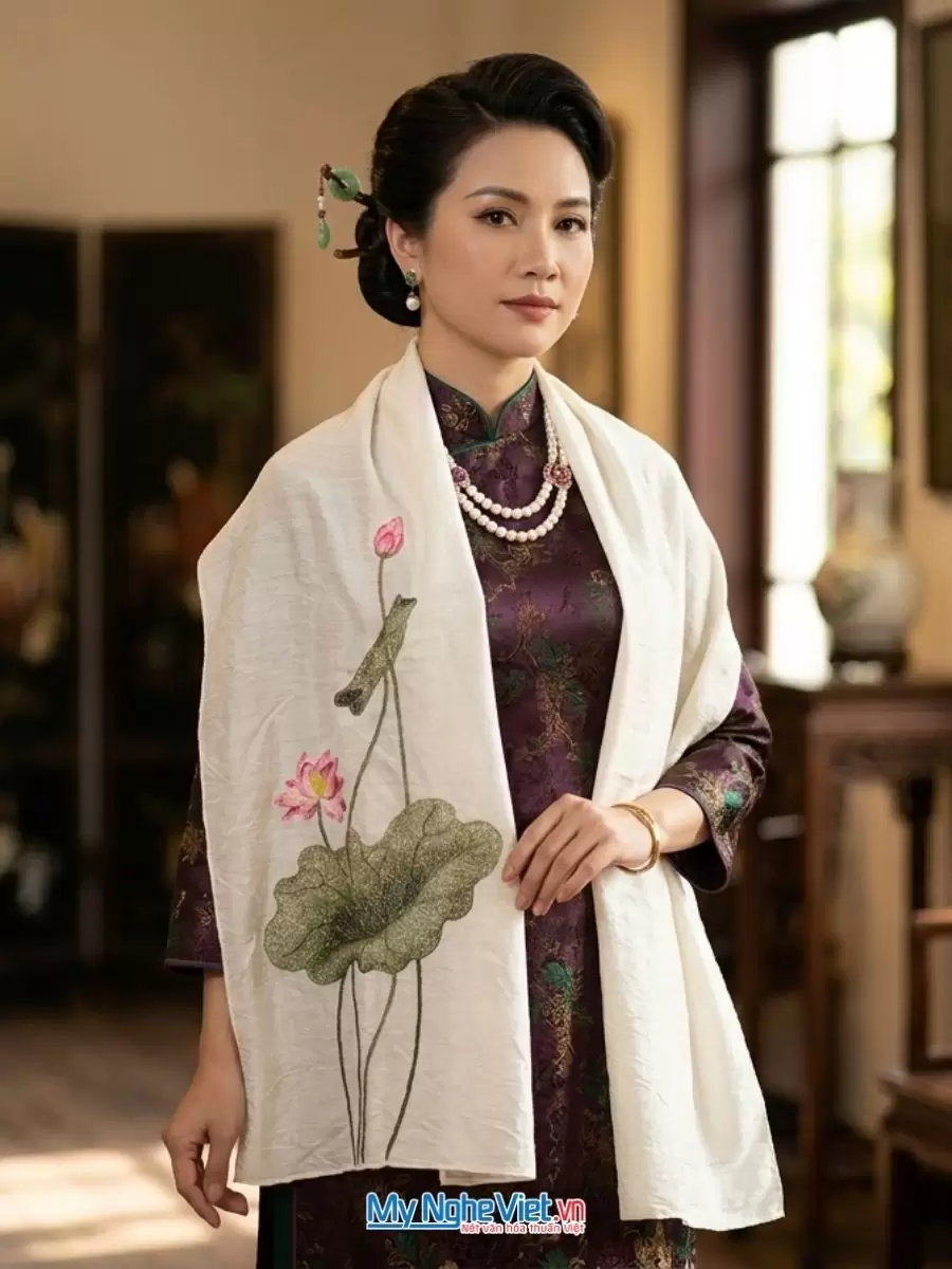 Khăn lụa đũi tơ tằm thêu tay hoa sen 100% silk cao cấp