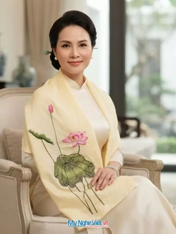 Khăn lụa đũi tơ tằm thêu tay hoa sen 100% silk cao cấp