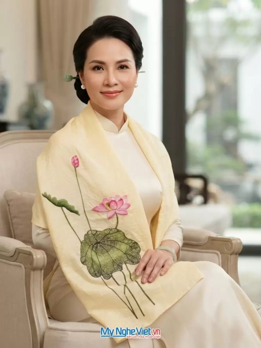 Khăn lụa đũi tơ tằm thêu tay hoa sen 100% silk cao cấp