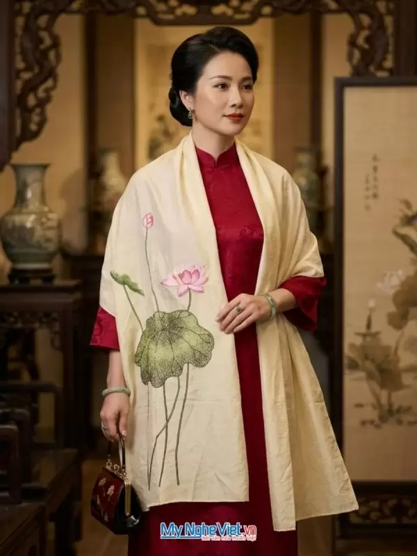 Khăn lụa đũi tơ tằm thêu tay hoa sen 100% silk cao cấp