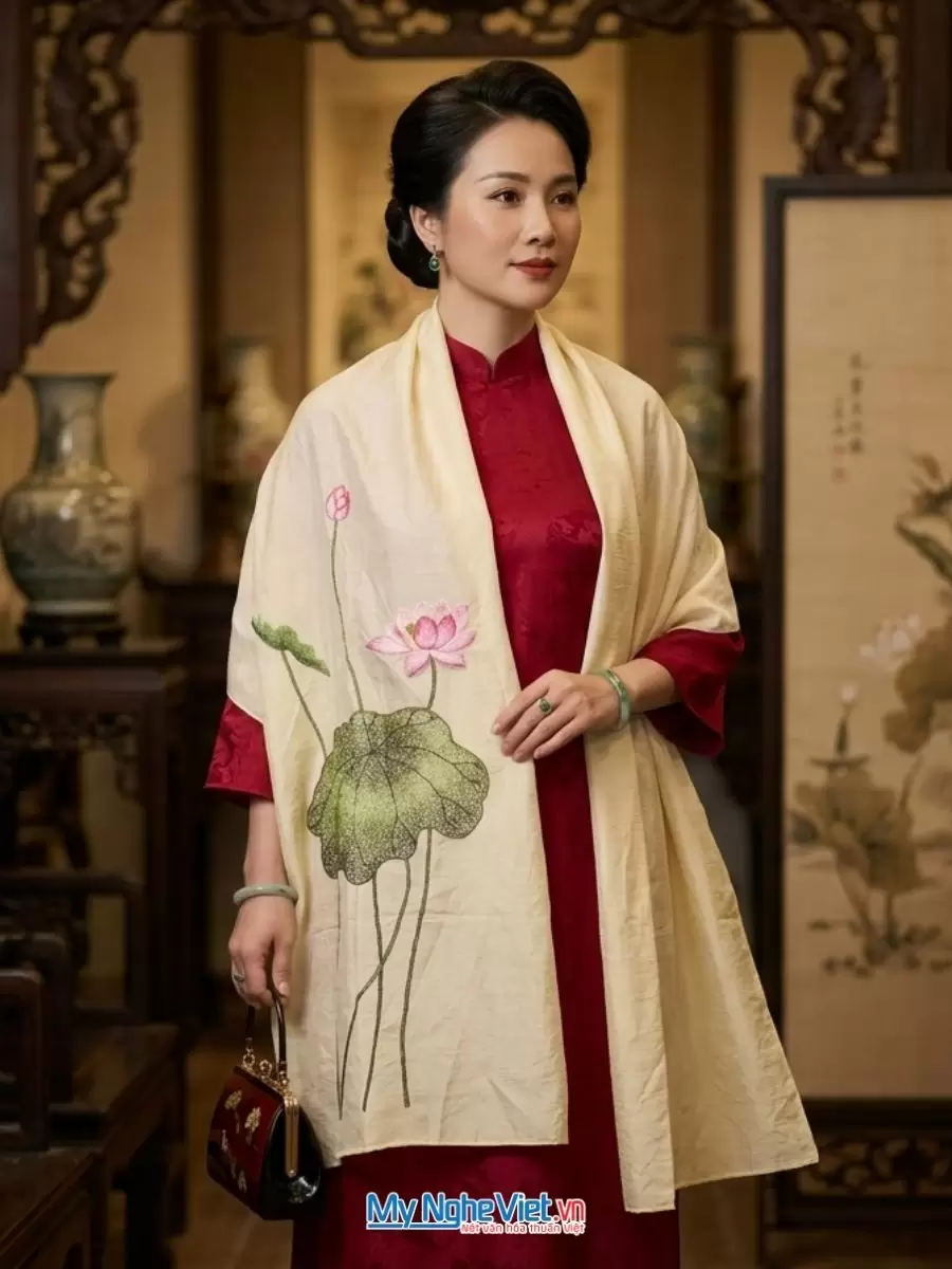 Khăn lụa đũi tơ tằm thêu tay hoa sen 100% silk cao cấp