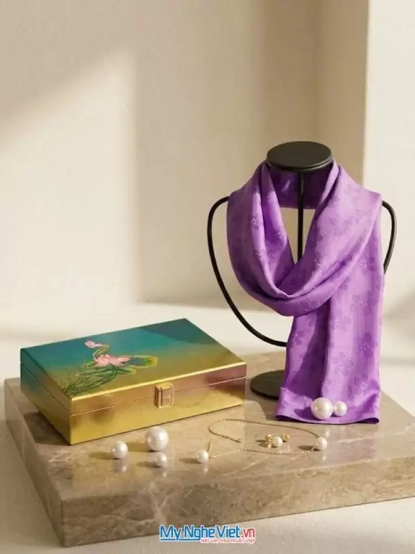 Set quà tặng khăn lụa và hộp trang sức sơn mài. Quà tặng đối tác, khách du lịch